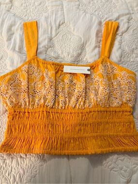 Anthropologie Golden Yellow Embroidered Smocked Crop Top